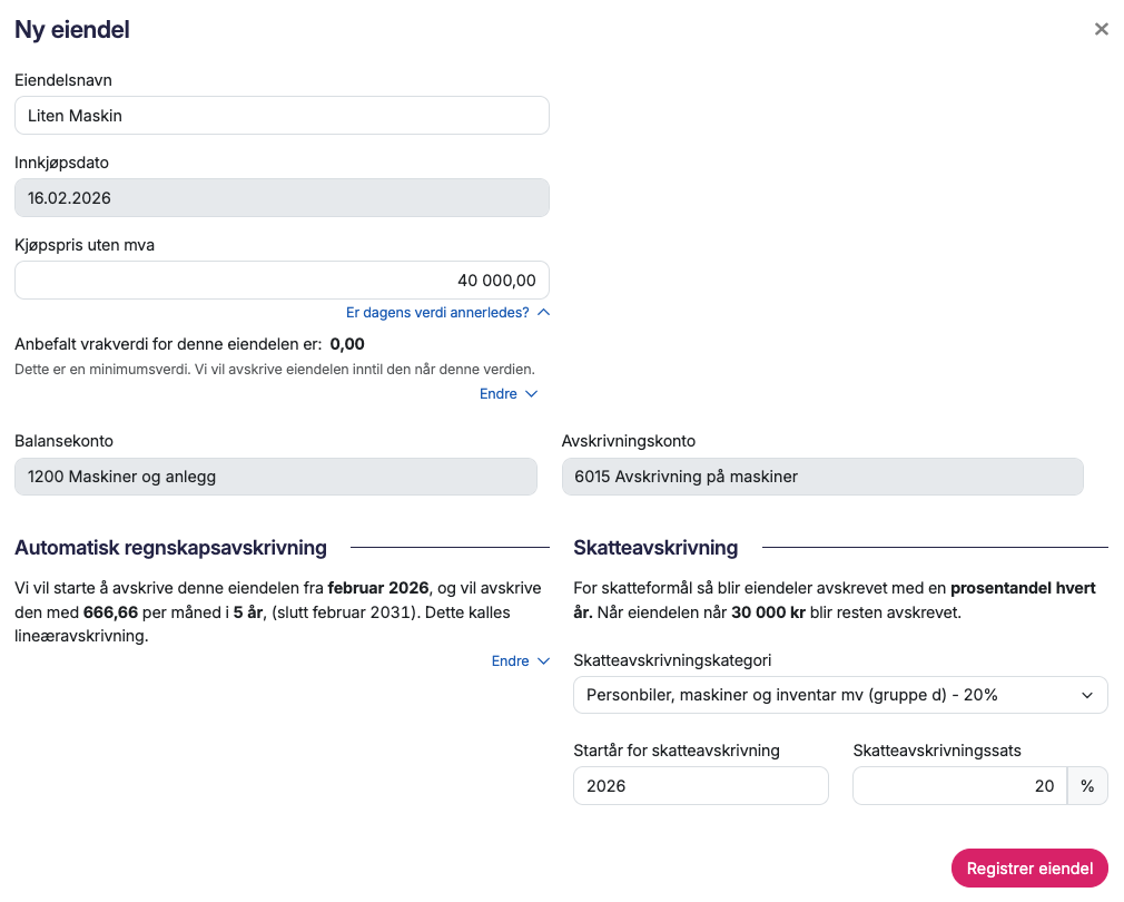 Skjema for registrering av ny eiendel med navn, kjøpspris og avskrivningsdetaljer