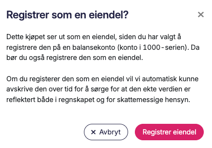 Dialogboks som spør om du vil registrere kjøpet som en eiendel